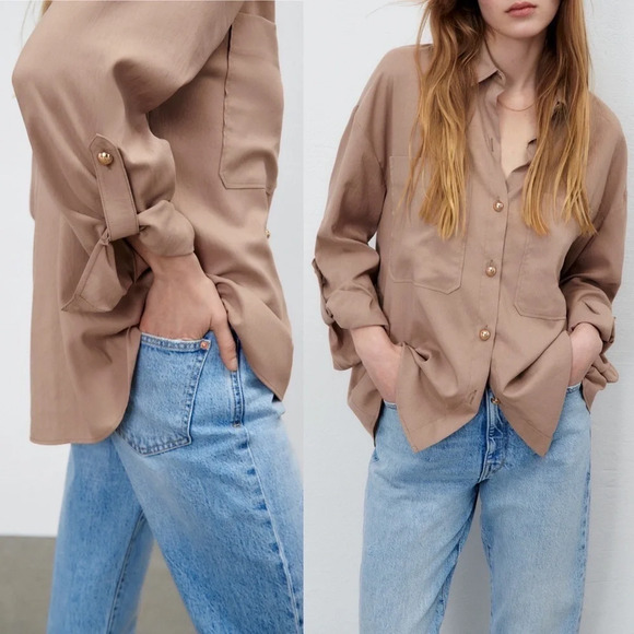 Zara Gold Button Down Tan Shirt Sz Small - Picture 1 of 6